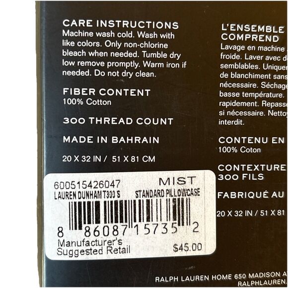 Ralph Lauren Dunham Sateen Mist Blue Pillowcases Set of 2 Standard Cotton  NEW - Picture 4 of 4